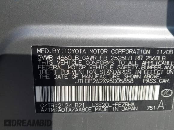 2009 Lexus IS F с VIN JTHBP262X95005858, выставлен на аукционе IAAI как лот 43405073 с пробегом 109 467 миль миль и . История ставок и продаж доступна на DreamBid. Изображение 9.