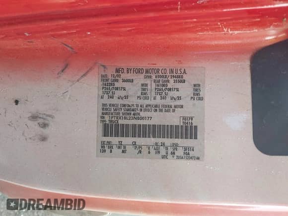 2003 Ford F-150 XL z VIN 1FTRX18L23NB00177, wystawiony jako IAAI lot #43385495 z przebiegiem Nie podano mil oraz . Historia ofert i sprzedaży dostępna na DreamBid. Obrazek 9.