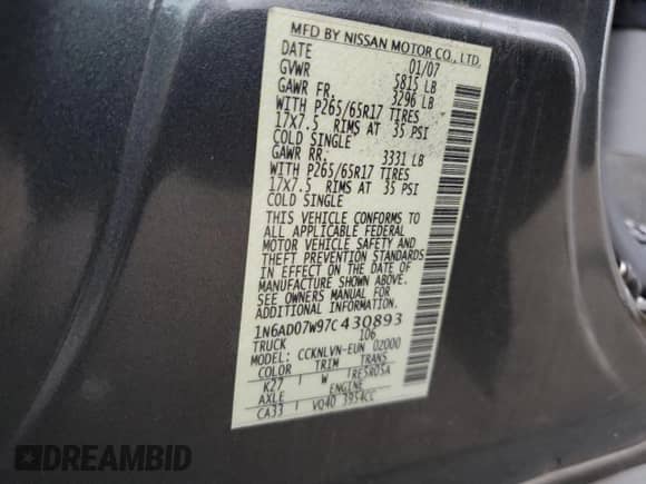 2007 Nissan Frontier Nismo with VIN 1N6AD07W97C430893, listed as a Copart auction lot 62831925 with 126,753 mi miles and Salvage title. Bid and sale history available at DreamBid. Image 12.