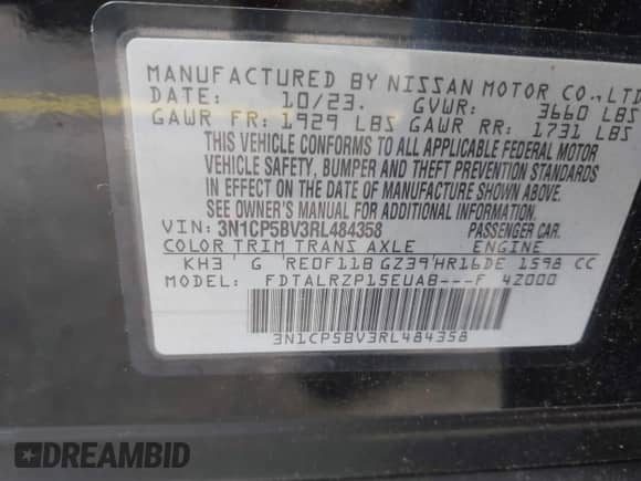 2024 Nissan Kicks S with VIN 3N1CP5BV3RL484358, listed as a IAAI auction lot 43477369 with 36,046 mi miles and . Bid and sale history available at DreamBid. Image 9.