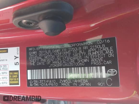 2016 Toyota Prius Two z VIN JTDKBRFUXG3510060, wystawiony jako IAAI lot #43337169 z przebiegiem 107 365 mil mil oraz . Historia ofert i sprzedaży dostępna na DreamBid. Obrazek 9.