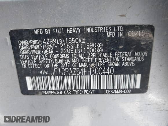 2015 Subaru Impreza Special Sports Limited with VIN JF1GPAZ64FH300440, listed as a IAAI auction lot 42485041 with 135,115 mi miles and . Bid and sale history available at DreamBid. Image 9.