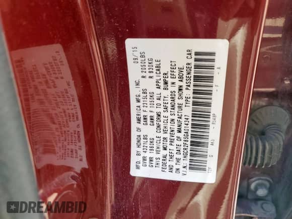 2016 Honda Accord EX-L with VIN 1HGCR2F85GA014347, listed as a Copart auction lot 69808075 with Not provided miles and Salvage title. Bid and sale history available at DreamBid. Image 13.