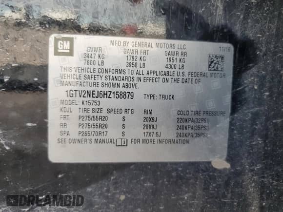 2017 GMC Sierra 1500 SLT z VIN 1GTV2NEJ6HZ158879, wystawiony jako Copart lot #63765645 z przebiegiem 73 951 mil mil oraz Szkoda całkowita • Salvage title. Historia ofert i sprzedaży dostępna na DreamBid. Obrazek 12.