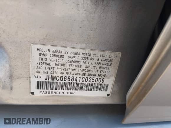 2001 Honda Accord EX with VIN JHMCG66841C025006, listed as a IAAI auction lot 42655846 with 177,458 mi miles and . Bid and sale history available at DreamBid. Image 9.