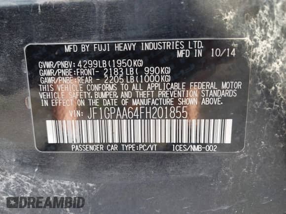 2015 Subaru Impreza 2.0i with VIN JF1GPAA64FH201855, listed as a IAAI auction lot 42693641 with 89,713 mi miles and . Bid and sale history available at DreamBid. Image 9.