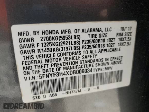 2013 Honda Pilot EX with VIN 5FNYF3H4XDB006034, listed as a Copart auction lot 63947285 with 100,882 mi miles and Salvage title. Bid and sale history available at DreamBid. Image 13.