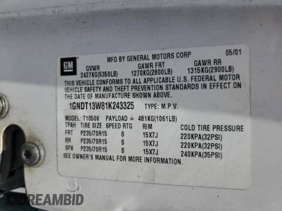 2001 Chevrolet Blazer LT with VIN 1GNDT13W81K243325, listed as a Copart auction lot 69675195 with 167,874 mi miles and Salvage title. Bid and sale history available at DreamBid. Image 13.