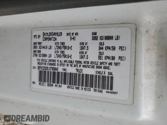 2001 Dodge 2500 с VIN 3B7KC23Z61G793842, выставлен на аукционе Copart как лот 60242135 с пробегом 134 695 миль миль и Чистый • Clean title. История ставок и продаж доступна на DreamBid. Изображение 12.
