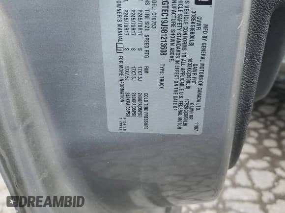 2008 GMC Sierra 1500 SLE1 with VIN 2GTEC19J981213608, listed as a Copart auction lot 85600735 with 218,605 mi miles and Salvage title. Bid and sale history available at DreamBid. Image 12.