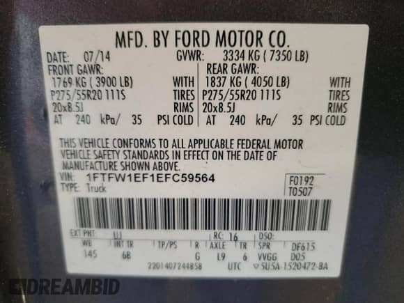 2014 Ford F-150 FX4 with VIN 1FTFW1EF1EFC59564, listed as a Copart auction lot 84871445 with 110,514 mi miles and Clean title. Bid and sale history available at DreamBid. Image 12.