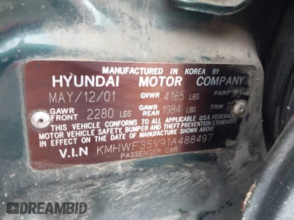 2001 Hyundai Sonata GLS z VIN KMHWF35V91A488497, wystawiony jako IAAI lot #43411854 z przebiegiem 171 989 mil mil oraz . Historia ofert i sprzedaży dostępna na DreamBid. Obrazek 9.