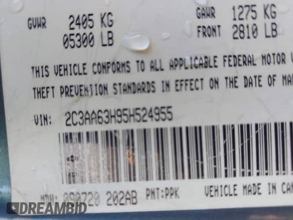 2005 Chrysler 300 C with VIN 2C3AA63H95H524955, listed as a IAAI auction lot 43444704 with 229,566 mi miles and . Bid and sale history available at DreamBid. Image 9.