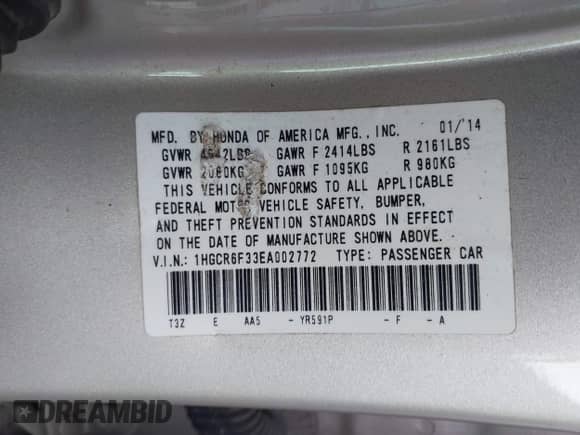 2014 Honda Accord with VIN 1HGCR6F33EA002772, listed as a IAAI auction lot 43181918 with 161,576 mi miles and . Bid and sale history available at DreamBid. Image 9.