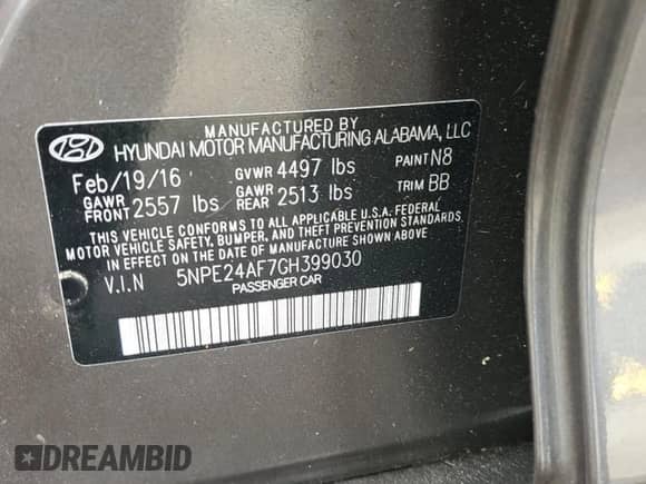 2016 Hyundai Sonata SE с VIN 5NPE24AF7GH399030, выставлен на аукционе Copart как лот 85284905 с пробегом 187 742 миль миль и Списание • Salvage title. История ставок и продаж доступна на DreamBid. Изображение 12.