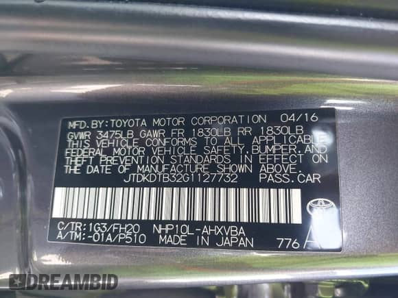 2016 Toyota Prius One z VIN JTDKDTB32G1127732, wystawiony jako IAAI lot #42254939 z przebiegiem 51 919 mil mil oraz . Historia ofert i sprzedaży dostępna na DreamBid. Obrazek 9.