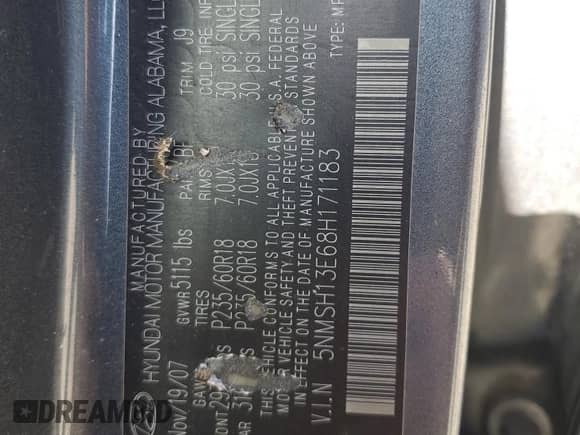 2008 Hyundai Santa Fe SE с VIN 5NMSH13E68H171183, выставлен на аукционе Copart как лот 80968305 с пробегом 139 400 миль миль и Списание • Salvage title. История ставок и продаж доступна на DreamBid. Изображение 13.