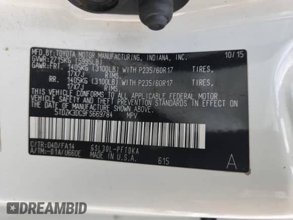 2015 Toyota Sienna L with VIN 5TDZK3DC9FS669784, listed as a Copart auction lot 71094805 with Not provided miles and Salvage title. Bid and sale history available at DreamBid. Image 13.