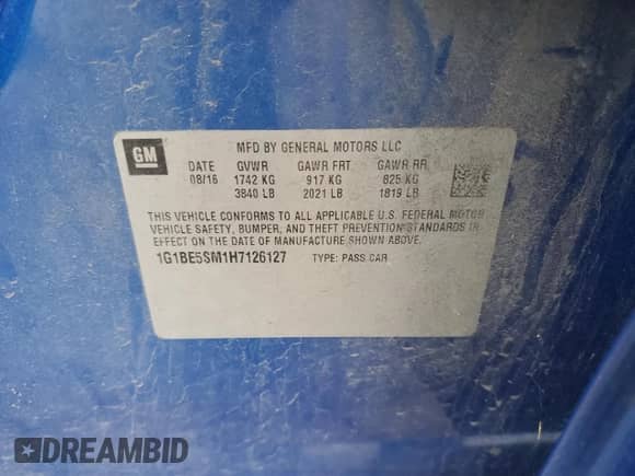 2017 Chevrolet Cruze LT with VIN 1G1BE5SM1H7126127, listed as a Copart auction lot 83778305 with 114,370 mi miles and Clean title. Bid and sale history available at DreamBid. Image 12.