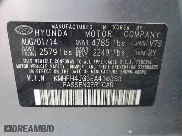 2014 Hyundai Azera Limited с VIN KMHFH4JG3EA418393, выставлен на аукционе Copart как лот 80462094 с пробегом 148 317 миль миль и Списание • Salvage title. История ставок и продаж доступна на DreamBid. Изображение 12.