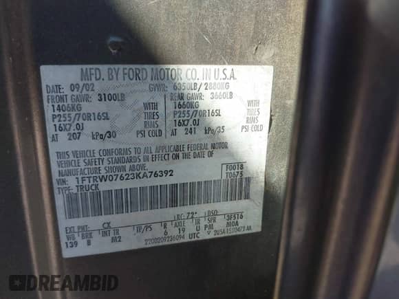 2003 Ford F-150 XLT с VIN 1FTRW07623KA76392, выставлен на аукционе IAAI как лот 43293815 с пробегом 102 620 миль миль и . История ставок и продаж доступна на DreamBid. Изображение 9.