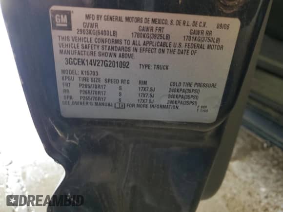 2007 Chevrolet Silverado 1500 Work Truck с VIN 3GCEK14V27G201092, выставлен на аукционе Copart как лот 58543635 с пробегом 141 742 миль миль и Списание • Salvage title. История ставок и продаж доступна на DreamBid. Изображение 12.