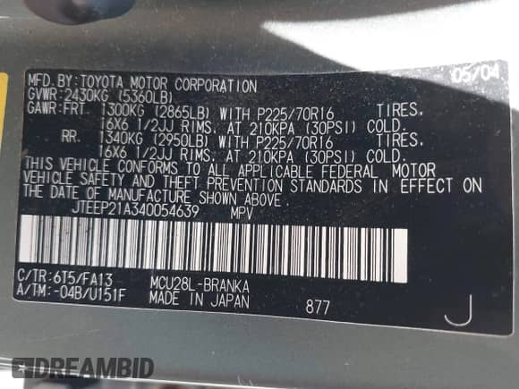 2004 Toyota Highlander with VIN JTEEP21A340054639, listed as a IAAI auction lot 42925229 with 239,334 mi miles and . Bid and sale history available at DreamBid. Image 9.