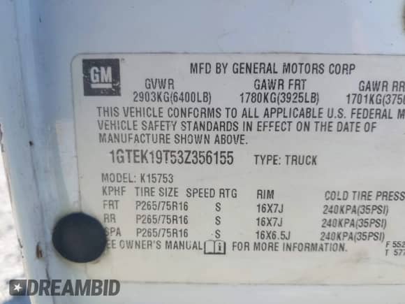 2003 GMC Sierra 1500 SLT с VIN 1GTEK19T53Z356155, выставлен на аукционе IAAI как лот 43405227 с пробегом 285 723 миль миль и . История ставок и продаж доступна на DreamBid. Изображение 9.