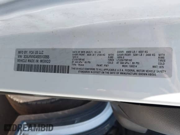 2025 Ram ProMaster Cargo Tradesman с VIN 3C6LRVVG4SE513355, выставлен на аукционе IAAI как лот 42665502 с пробегом 15 920 миль миль и . История ставок и продаж доступна на DreamBid. Изображение 9.