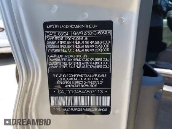 2004 Land Rover Discovery SE with VIN SALTY19484A857113, listed as a IAAI auction lot 42540048 with 119,947 mi miles and . Bid and sale history available at DreamBid. Image 9.