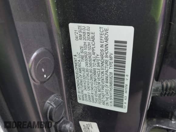 2021 Honda Passport EX-L с VIN 5FNYF7H53MB008238, выставлен на аукционе IAAI как лот 42017959 с пробегом 55 411 миль миль и . История ставок и продаж доступна на DreamBid. Изображение 9.