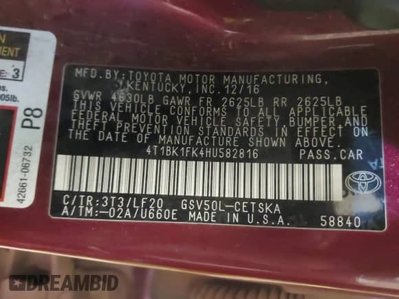 2017 Toyota Camry XSE with VIN 4T1BK1FK4HU582816, listed as a IAAI auction lot 41344714 with 99,047 mi miles and . Bid and sale history available at DreamBid. Image 9.