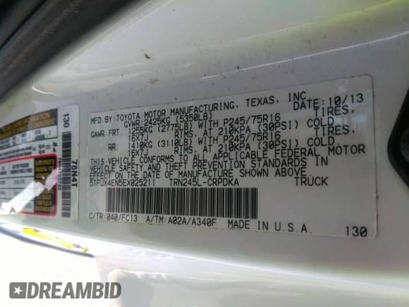 2014 Toyota Tacoma with VIN 5TFUX4EN5EX025211, listed as a IAAI auction lot 42956061 with Not provided miles and . Bid and sale history available at DreamBid. Image 9.