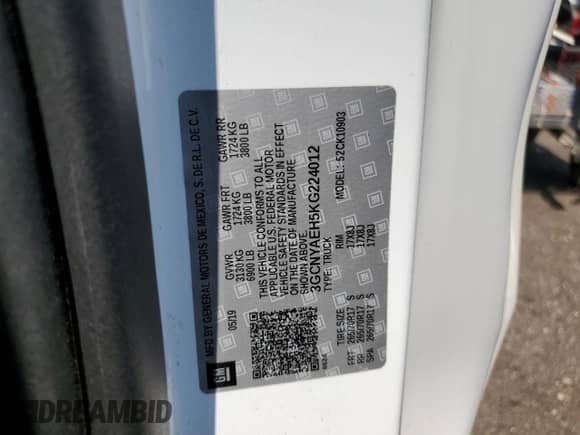 2019 Chevrolet Silverado 1500 Work Truck z VIN 3GCNYAEH5KG224012, wystawiony jako Copart lot #59937305 z przebiegiem 66 092 mil mil oraz Czysty tytuł • Clean title. Historia ofert i sprzedaży dostępna na DreamBid. Obrazek 12.