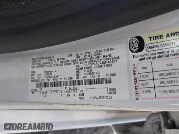 2018 Ford Fiesta S with VIN 3FADP4AJ2JM143581, listed as a IAAI auction lot 42981018 with 107,967 mi miles and . Bid and sale history available at DreamBid. Image 9.