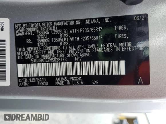 2021 Toyota Sienna XLE with VIN 5TDJSKFC7MS028473, listed as a Copart auction lot 69736175 with 79,052 mi miles and Salvage title. Bid and sale history available at DreamBid. Image 13.