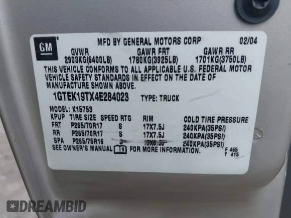 2004 GMC Sierra 1500 SLE with VIN 1GTEK19TX4E284023, listed as a IAAI auction lot 42459965 with Not provided miles and . Bid and sale history available at DreamBid. Image 9.