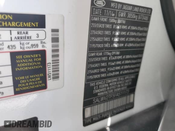 2015 Land Rover Range Rover Sport Autobiography with VIN SALWV2TF5FA511173, listed as a Copart auction lot 65371854 with 76,061 mi miles and Clean title. Bid and sale history available at DreamBid. Image 13.