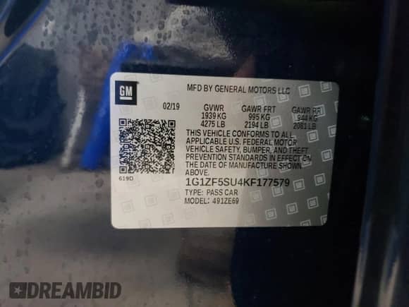 2019 Chevrolet Malibu Hybrid с VIN 1G1ZF5SU4KF177579, выставлен на аукционе Copart как лот 52203805 с пробегом 9 585 миль миль и Списание • Salvage title. История ставок и продаж доступна на DreamBid. Изображение 12.