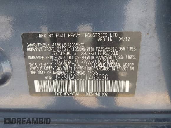 2012 Subaru Forester X Premium z VIN JF2SHACC8CH466036, wystawiony jako IAAI lot #43352225 z przebiegiem 153 270 mil mil oraz . Historia ofert i sprzedaży dostępna na DreamBid. Obrazek 9.