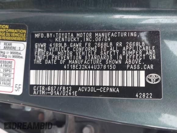 2004 Toyota Camry LE with VIN 4T1BE32K44U378150, listed as a IAAI auction lot 42875254 with 234,913 mi miles and . Bid and sale history available at DreamBid. Image 9.
