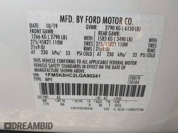 2020 Ford Explorer Platinum с VIN 1FM5K8HC2LGA90241, выставлен на аукционе IAAI как лот 43240028 с пробегом 43 420 миль миль и . История ставок и продаж доступна на DreamBid. Изображение 9.