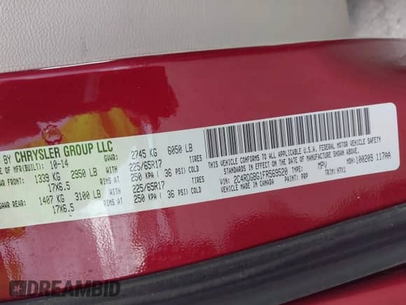 2015 Dodge Grand Caravan SE Plus with VIN 2C4RDGBG1FR569520, listed as a IAAI auction lot 43461575 with 174,476 mi miles and . Bid and sale history available at DreamBid. Image 9.