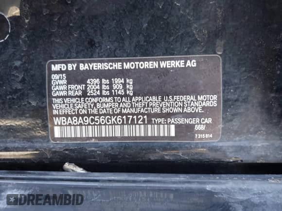 2016 BMW 3 Series 320i with VIN WBA8A9C56GK617121, listed as a IAAI auction lot 42158862 with 151,707 mi miles and . Bid and sale history available at DreamBid. Image 9.