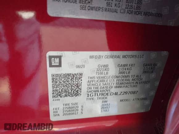 2020 GMC Sierra 1500 SLT with VIN 1GTU9DED4LZ297087, listed as a IAAI auction lot 43183096 with 71,752 mi miles and . Bid and sale history available at DreamBid. Image 9.