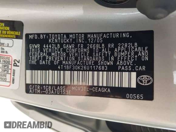 2006 Toyota Camry XLE с VIN 4T1BF30K26U117683, выставлен на аукционе IAAI как лот 43367706 с пробегом 225 263 миль миль и . История ставок и продаж доступна на DreamBid. Изображение 9.