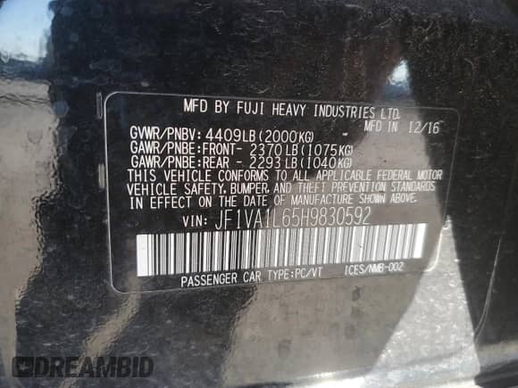 2017 Subaru WRX Limited with VIN JF1VA1L65H9830592, listed as a Copart auction lot 69877775 with 42,079 mi miles and Salvage title. Bid and sale history available at DreamBid. Image 12.