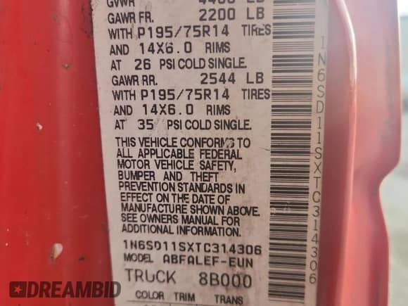 1996 Nissan Frontier XE with VIN 1N6SD11SXTC314306, listed as a Copart auction lot 65680205 with 63,809 mi miles and Salvage title. Bid and sale history available at DreamBid. Image 12.