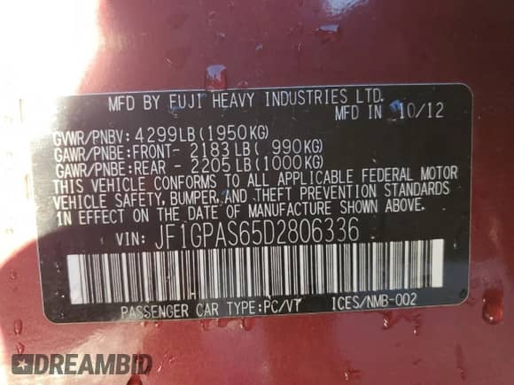 2013 Subaru Impreza Special Sports Limited with VIN JF1GPAS65D2806336, listed as a Copart auction lot 85911535 with 131,571 mi miles and Salvage title. Bid and sale history available at DreamBid. Image 12.