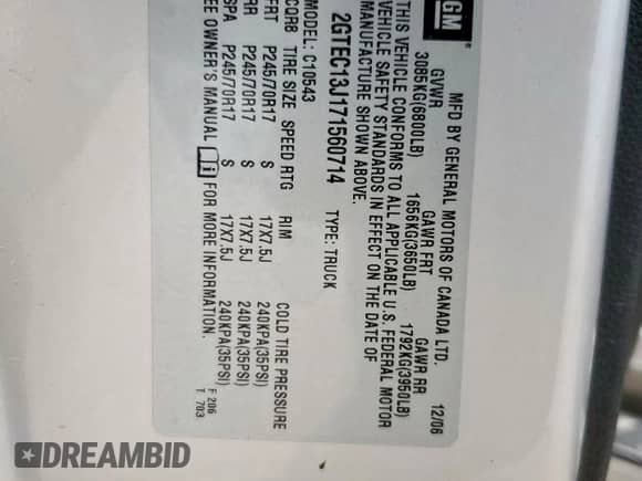 2007 GMC Sierra 1500 SLT with VIN 2GTEC13J171560714, listed as a Copart auction lot 57674455 with 187,111 mi miles and Salvage title. Bid and sale history available at DreamBid. Image 12.